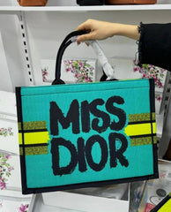 Miss Dior By Christian Dior Graffiti Book Large Tote With OG Box & Dust Bag & Scarf (Yellow Green-41cm)