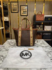 MICHAEL KORS MAEVE SIGNATURE LOGO SMALL CONVERTIBLE OPEN TOTE WITH DUST BAG (BIEGE BROWN)