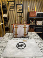 MICHAEL KORS MAEVE SIGNATURE LOGO SMALL CONVERTIBLE OPEN TOTE WITH DUST BAG (BIEGE BROWN)