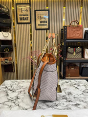 MICHAEL KORS MAEVE SIGNATURE LOGO SMALL CONVERTIBLE OPEN TOTE WITH DUST BAG (BIEGE BROWN)