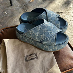 Gucci GG Angelina Platform Denim Slides For Women With Original Box And Carry Bag