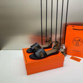 Hermes Santorini H Embossed Black Sandals For Women With Original Box And Carry Bag