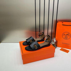 Hermes Santorini H Embossed Black Sandals For Women With Original Box And Carry Bag