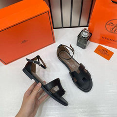 Hermes Santorini H Embossed Black Sandals For Women With Original Box And Carry Bag