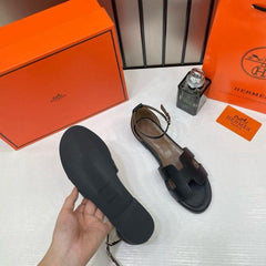 Hermes Santorini H Embossed Black Sandals For Women With Original Box And Carry Bag