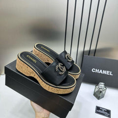 Chanel CC Platform Black Sandal Slide With OG Box & Carry Bag 22865 Black