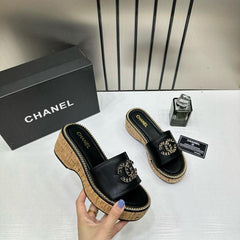 Chanel CC Platform Black Sandal Slide With OG Box & Carry Bag 22865 Black