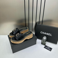 Chanel CC Platform Black Sandal Slide With OG Box & Carry Bag 22865 Black