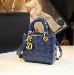 Christian Dior Lady Dior Handbag Leather Glossy Blue With OG Box & Dust Bag 621 Bright Blue