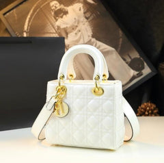 Christian Dior Lady Dior Handbag Leather Glossy White With OG Box & Dust Bag 621 White