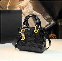 Christian Dior Lady Dior Handbag Leather Glossy Black With OG Box & Dust Bag 621 Black