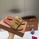 Loro Piana Summer Charms Brown suede Flat Slides For Her With OG Box Brown