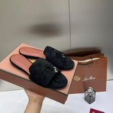 Loro Piana Summer Charms Black suede Flat Slides For Her With OG Box Black
