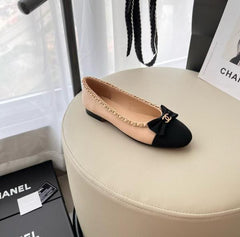 Chanel Ballet Flats Apricot Black For Women With OG Box & Carry Bag G34087