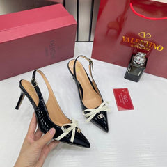 Valentino Elegant Womens Black Back Belt Leather With White Knot With OG Box & Carry Bag H-1 Black