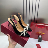 Valentino Elegant Womens Black Back Belt Leather With White Knot With OG Box & Carry Bag H-1 Black