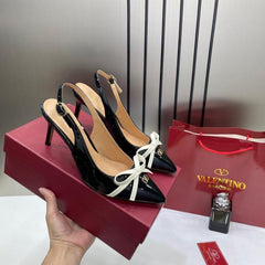 Valentino Elegant Womens Black Back Belt Leather With White Knot With OG Box & Carry Bag H-1 Black