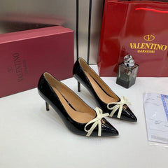 Valentino Pump Heel Elegant Womens Black Patent Leather With White Knot With OG Box & Carry Bag 933 V9 Black