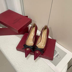 Valentino Pump Heel Elegant Womens Wine Patent Leather With Black Knot With OG Box & Carry Bag 933 V9 Wine