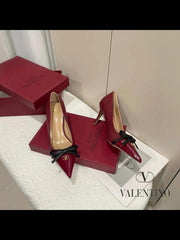 Valentino Pump Heel Elegant Womens Wine Patent Leather With Black Knot With OG Box & Carry Bag 933 V9 Wine