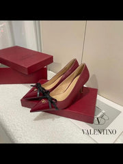 Valentino Pump Heel Elegant Womens Wine Patent Leather With Black Knot With OG Box & Carry Bag 933 V9 Wine