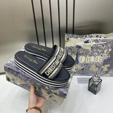 Dior Riviera Dway Platform Raffia Slides For Women With OG Box And Carry Bag Black 509910