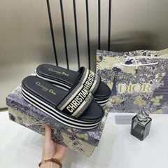 Dior Riviera Dway Platform Raffia Slides For Women With OG Box And Carry Bag Black 509910