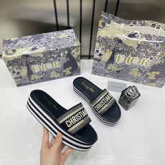 Dior Riviera Dway Platform Raffia Slides For Women With OG Box And Carry Bag Black 509910