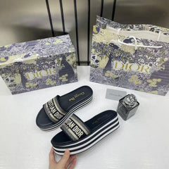Dior Riviera Dway Platform Raffia Slides For Women With OG Box And Carry Bag Black 509910