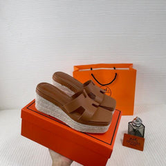 Hermes Brown Oran Wedge Platform Sandal Heel With OG Box & Carry Bag Brown Leather