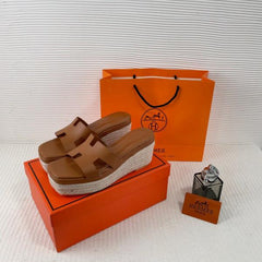 Hermes Brown Oran Wedge Platform Sandal Heel With OG Box & Carry Bag Brown Leather
