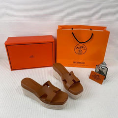 Hermes Brown Oran Wedge Platform Sandal Heel With OG Box & Carry Bag Brown Leather