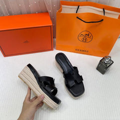 Hermes Black Oran Wedge Platform Sandal Heel With OG Box & Carry Bag Black Leather