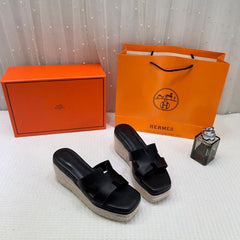 Hermes Black Oran Wedge Platform Sandal Heel With OG Box & Carry Bag Black Leather