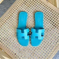 Hermes Oran Blue Flats Sandal For Women With Original Box And Carry Bag