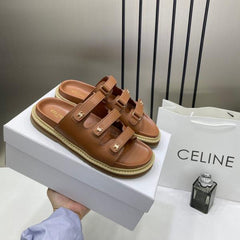 Celine Summer Brown Leather Sandals For Her With OG Box & Carry Bag Brown
