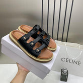 Celine Summer Black Leather Sandals For Her With OG Box & Carry Bag Black