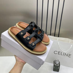 Celine Summer Black Leather Sandals For Her With OG Box & Carry Bag Black