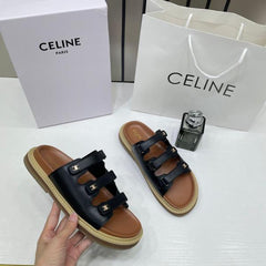 Celine Summer Black Leather Sandals For Her With OG Box & Carry Bag Black
