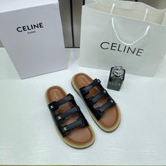 Celine Summer Black Leather Sandals For Her With OG Box & Carry Bag Black