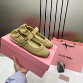Miu Miu Camel Ballet Flats Leather Elastic Scrunch With OG Box & Carry Bag 2129