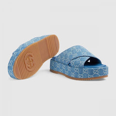 Gucci GG Angelina Platform Denim Slides For Women With Original Box And Carry Bag