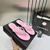 Chanel Pearl Embellished Pink Velvet Thong Slide With OG Box & Carry Bag 2428C Pink