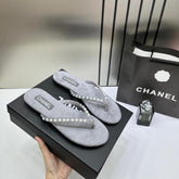 Chanel Pearl Embellished Grey Velvet Thong Slide With OG Box & Carry Bag 2428C Grey