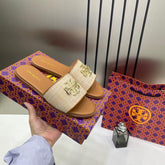 Tory Burch Eleanor Slide Flat Brown Canvas With OG Box 1892 Brown Canvas