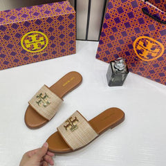 Tory Burch Eleanor Slide Flat Brown Canvas With OG Box 1892 Brown Canvas