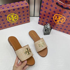 Tory Burch Eleanor Slide Flat Brown Canvas With OG Box 1892 Brown Canvas