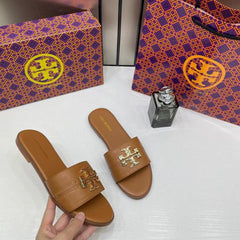 Tory Burch Eleanor Slide Flat Brown With OG Box 1892 Brown