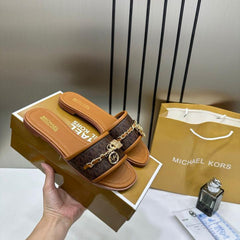 Michael Kors Mandy Signature Logo Slide Sandal Brown With OG Box & Carry Bag 918-6 Brown
