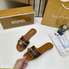 Michael Kors Mandy Signature Logo Slide Sandal Brown With OG Box & Carry Bag 918-6 Brown